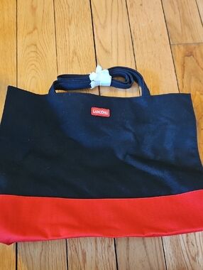 Lancome Black and Red Colorblock Canvas Tote